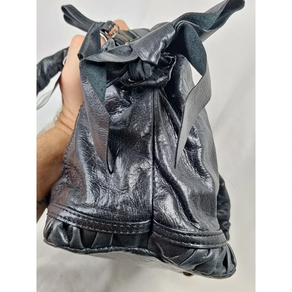 bebe Jagger Black Cowhide Leather Ruched Bow Satchel Shoulder Bag Purse NWT